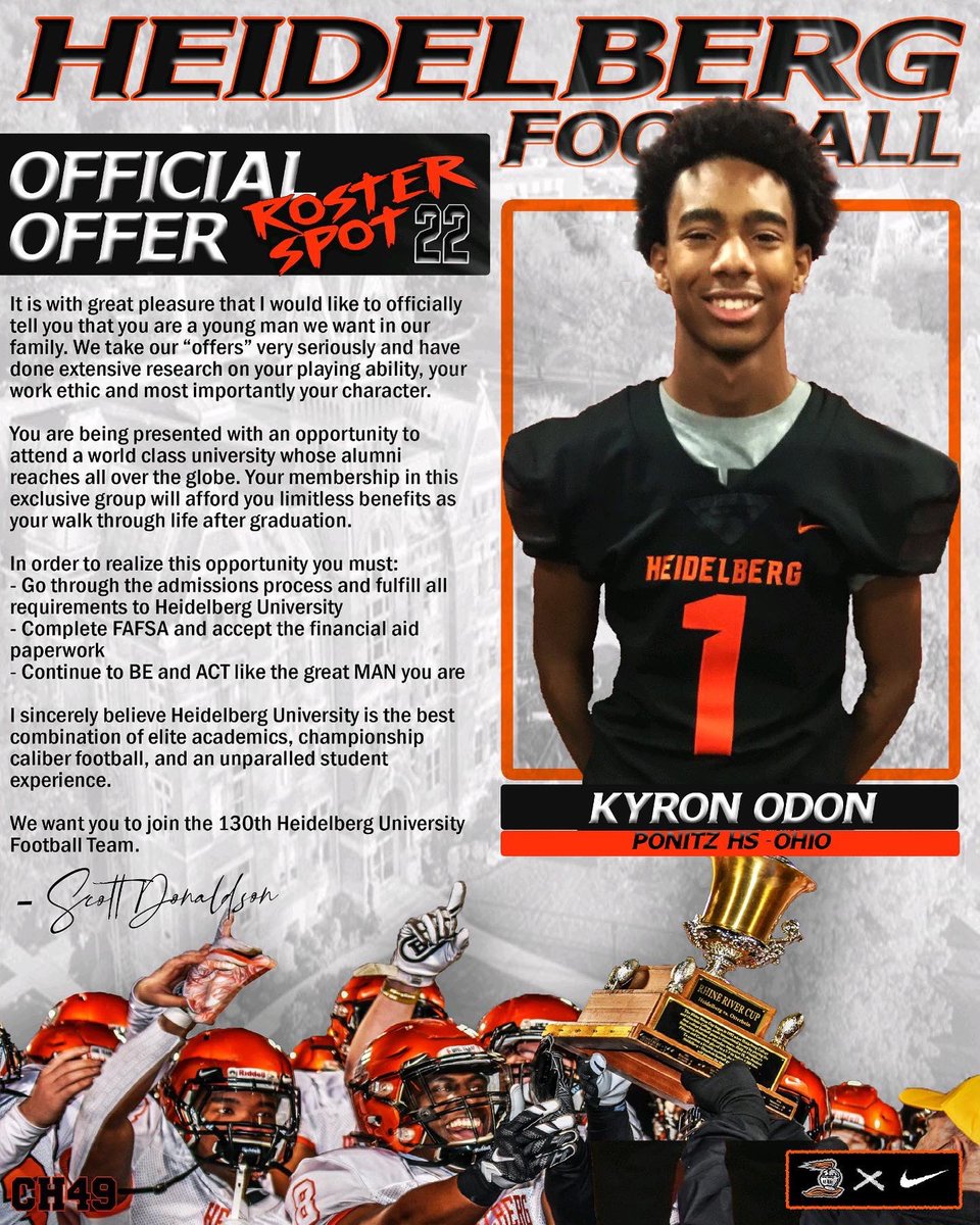 kyronodonn's tweet photo. I am Extremely blessed to receive an Offer from Heidelberg University thank you @Coach_Putnam_ @Coach_Donaldson and the rest of the coaching staff ! https://t.co/zL6FCywYNZ