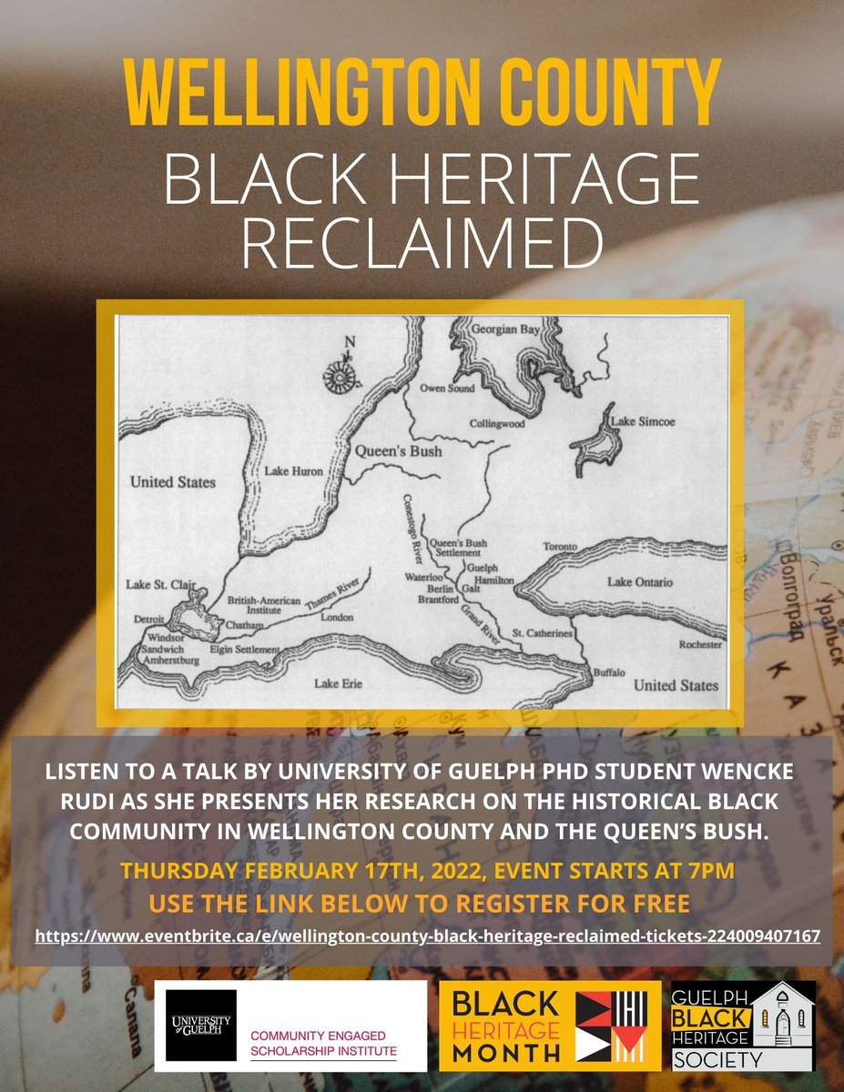 GuelphBHS's tweet photo. Interested in learning more about the impact of the black community in Wellington County?! Join us on Thursday, February 17th, 2022 as Ph.D. student Wencke Rudi walks us through her research on the history of the black community in Wellington County and The Queens Bush! https://t.co/AxEWAXujWD