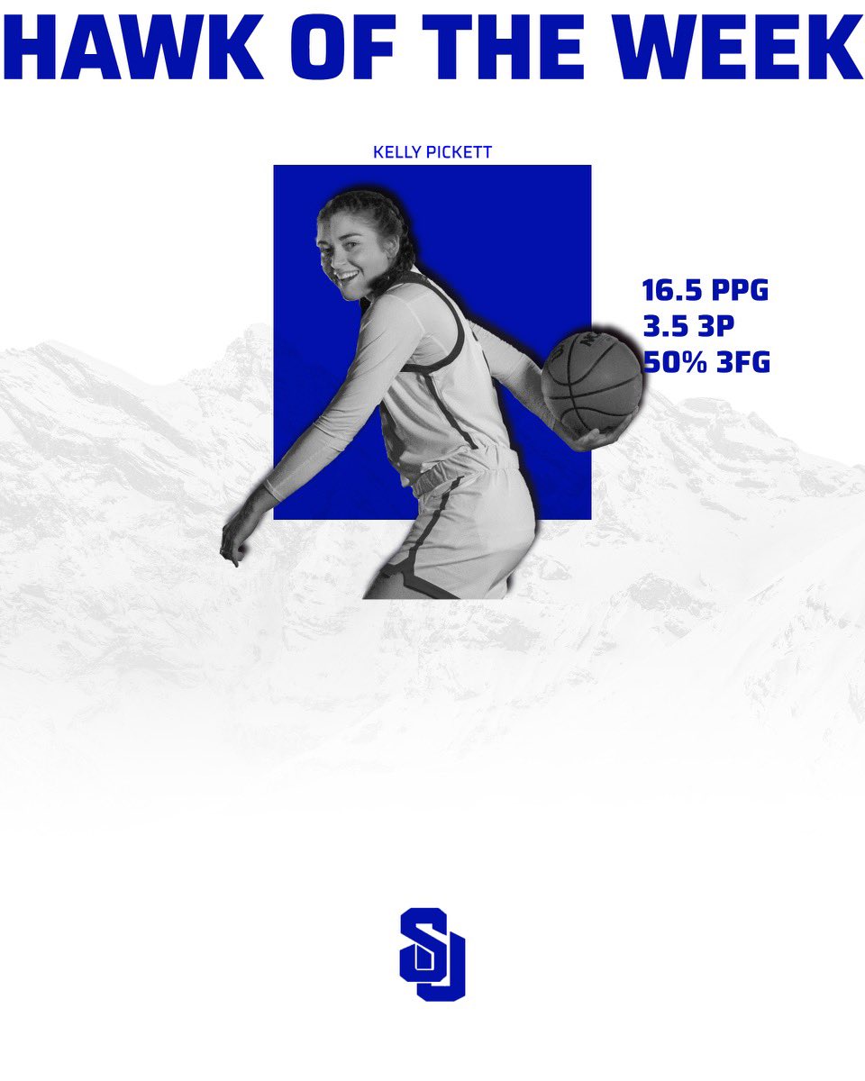 Congrats Kelly Pickett for being named “Hawk of the Week”. This past week Pickett shot 50% from the 3PT range and averaged 16.5 PPG 
#NoGritNoGlory 🔵⚪️🦅
