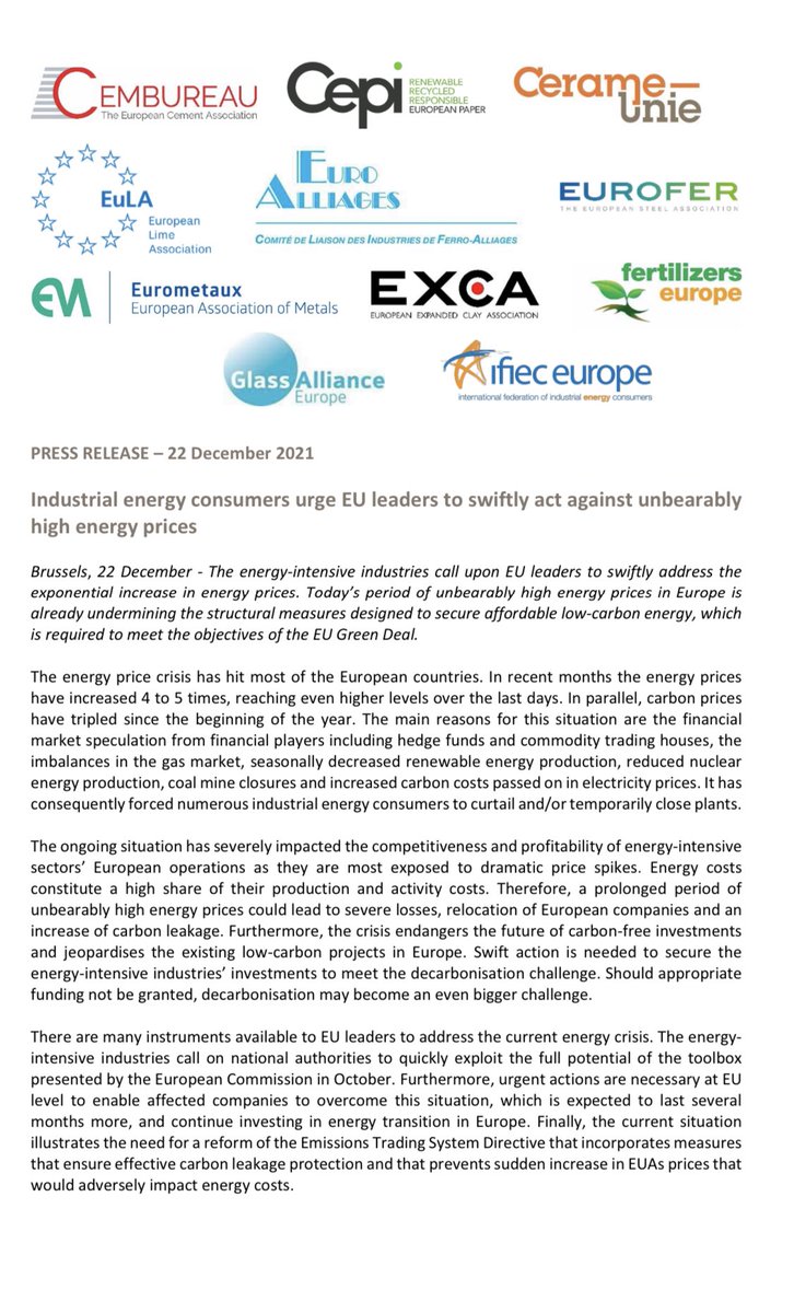JavierBlas's tweet photo. EUROPEAN ENERGY CRISIS: Eleven associations of European energy-intensive industries (from cement to steel and from fertilisers to paper mills) issue a joint-statement warning about “unbearably high energy prices” and production shutdowns | #EuropeanEnergyCrisis https://t.co/kiEiu4BhAa