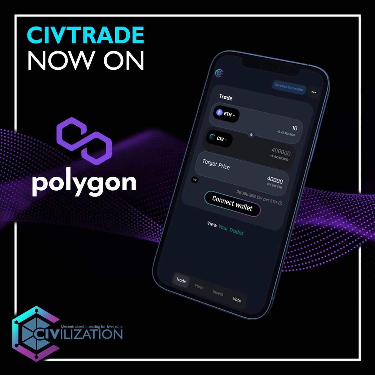 CivFund's tweet photo. Hey #CIVians!🔥🔥

With the arrival of @Uniswap V3, #CivTrade is officially launching on @0xPolygon!👀

Our contract is ready, and you can already access our UI using Polygon network! 
Lower fees are coming 🟢🟢🟢 #WeAreCIV https://t.co/HqcSxddagw
