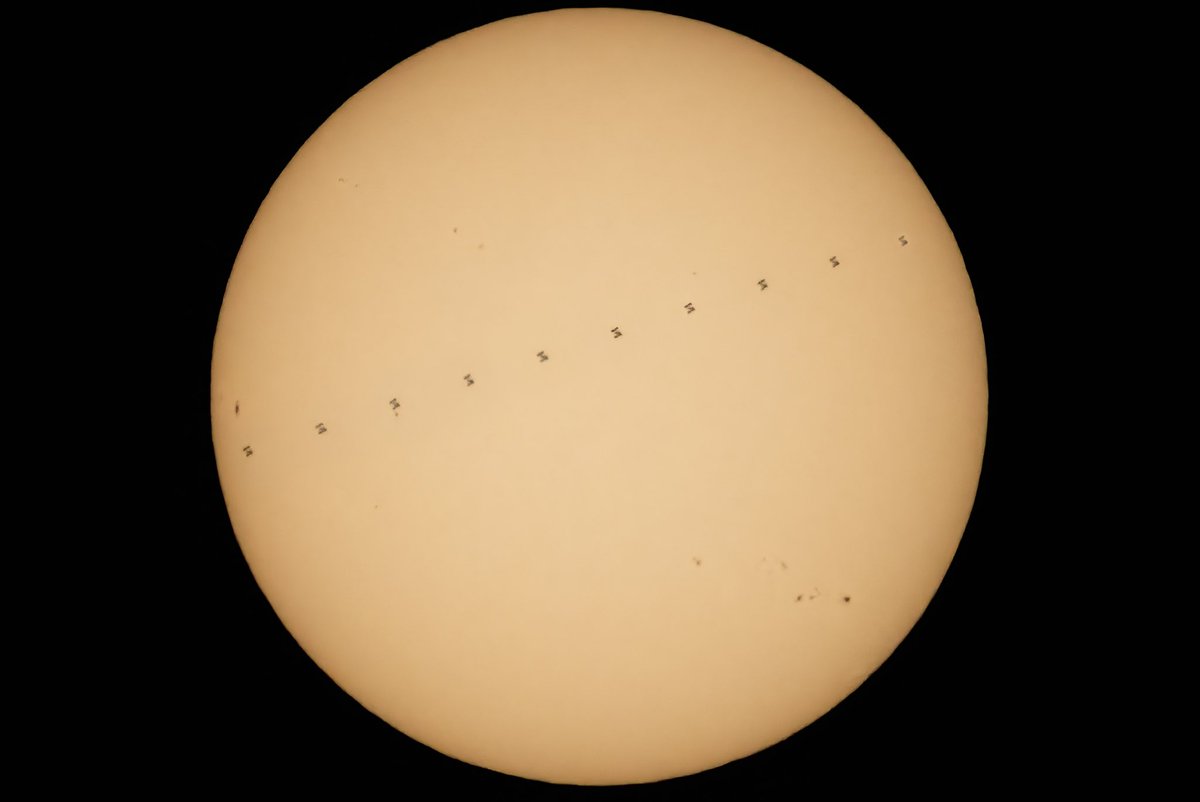 mdcainjr's tweet photo. At 1:46pm EST today I captured this series of images as the @Space_Station flew in front of the Sun from my location in Central Florida. This transit lasted for only 0.95 seconds.
#SolarTransit #ISS https://t.co/crey7oqZFG