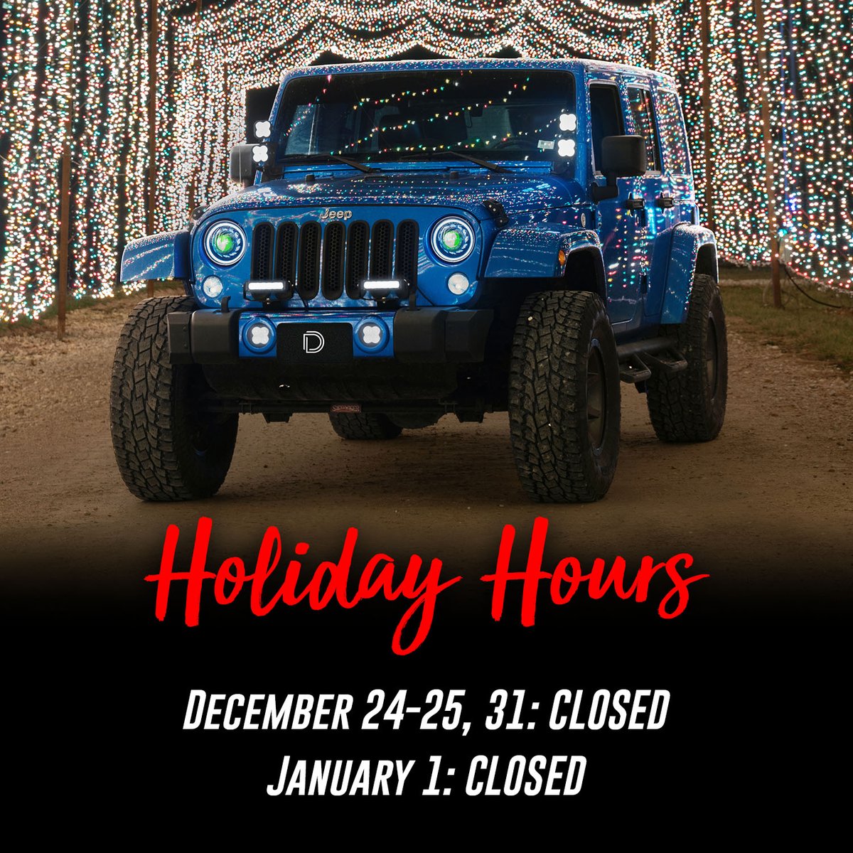 The Diode Dynamics office will be closed December 24th, 25th, and 31st as well as January 1st for the holidays. We thank you for your patience while our team celebrates Christmas and New Years with their families!