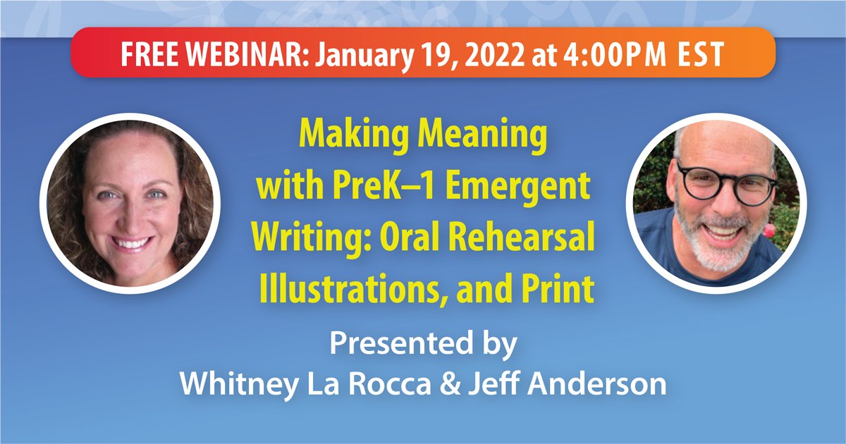 Stenhouse Publishers (@stenhousepub) on Twitter photo 2021-12-22 21:51:00 FREE WEBINAR: Join Patterns of Wonder authors, @whitney_larocca and @writeguyjeff on January 19th at 3pm CST/4pm EST for a webinar discussing strategies for nurturing emergent writing skills for PreKβ1. #PatternsofWonder Register here > hubs.ly/Q0116ZTT0 FREE WEBINAR: Join Patterns of Wonder authors, @whitney_larocca and @writeguyjeff on January 19th at 3pm CST/4pm EST for a webinar discussing strategies for nurturing emergent writing skills for PreKβ1. #PatternsofWonder Register here > hubs.ly/Q0116ZTT0