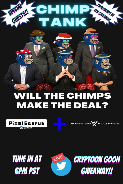 BlueChimpz's tweet photo. Chimp Tank showdown, Christmas special 💬RT❤ bringing back @PixelSaurusNFT
 &amp; @WAllianceNFT
Where Blue Chimps will negotiate a deal. Will they make a deal? Tune in and find out!! 6pm pst w/special suprise guest!! Set reminder https://t.co/WOcHB8EIRg https://t.co/3OzVuecnSF