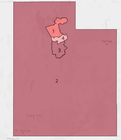 lad_map's tweet image. If democrats controlled redistricting in Utah they might draw this map. Biden wins district 4 and only narrowly loses district 1 by 2.1 points. The map doesn't hold up that well in other elections though, democrats lost both districts in the 2020 governor race. #ElectionTwitter