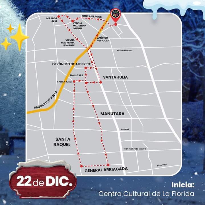 radiolaflorida's tweet photo. Centro de Cultural de la Florida invita:
Y Municipalidad de la Florida a la caravana Navideña, desde las 21.00 hrs,
Dejamos recorrido para hoy, subido en rrss.
#laflorida #CaravanaNavideña #cultura #navidad2021 #radiolaflorida https://t.co/wxH795O8WB