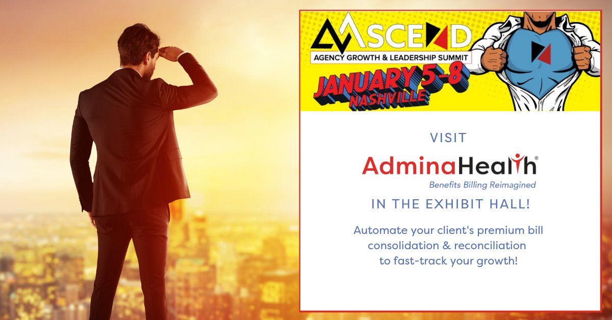 adminahealth's tweet photo. Will we see you in Nashville at #ASCEND in January? Stop by the AdminaHealth table and meet our team! We would be excited to discuss how #benefitsbrokers can accelerate growth by automating premium bill consolidation and reconciliation! #benefitspro #employeebenefits https://t.co/QAAKqcQEfy