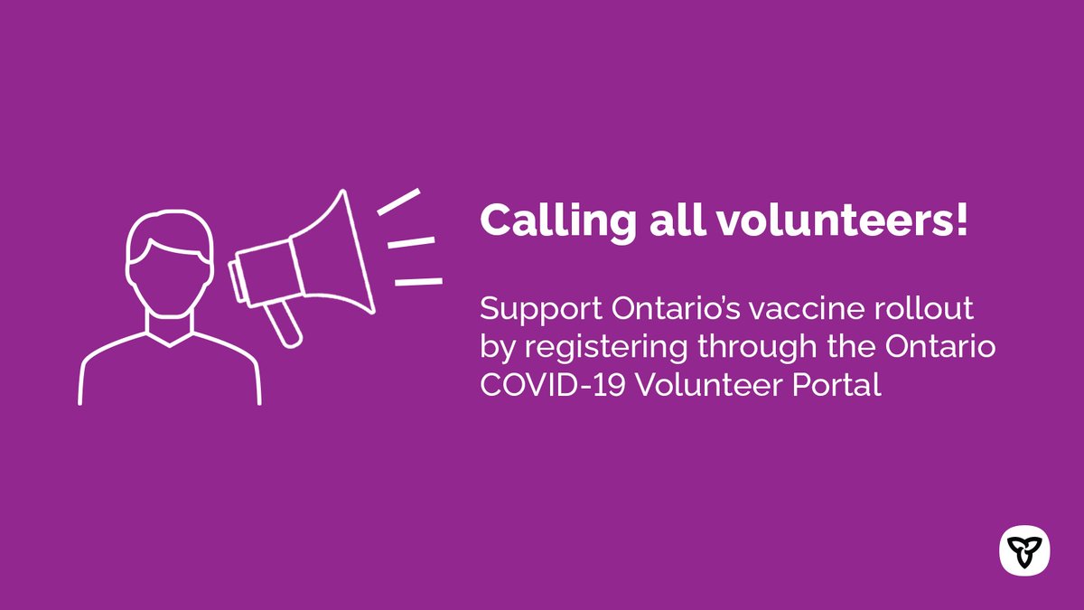 The Ontario #COVID19 Volunteer Portal recruits everyday Ontarians 16+ as volunteers to support health care providers and others at vaccination clinics across the province.

Register to volunteer in a variety of roles based on local needs. Ontario.ca/page/ontario-c…

#TeamOntario