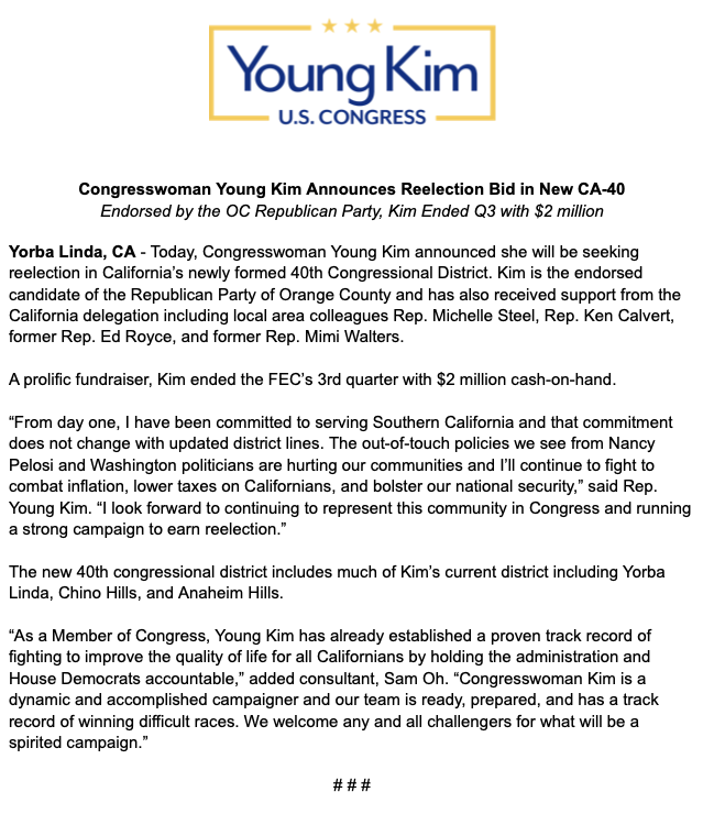 YoungKimCA's tweet photo. Excited to announce that I will be running for reelection in the newly created #CA40. I'm thrilled to continue to represent this community in Congress and I humbly ask for your support. Join #TeamYoung and help us keep this district red! https://t.co/U81G5rfiP8
