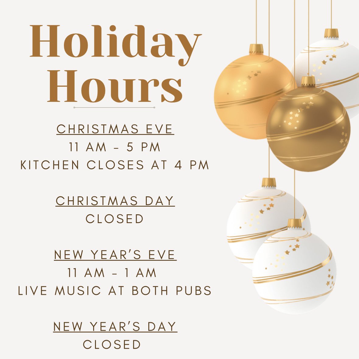 BinkiesPubs's tweet photo. Happy Holidays to all! We will be closing early on Christmas Eve, closed Christmas Day, and closed New Year’s Day! We hope that everyone has a wonderful holiday’s and look forward to celebrating with you every day in between! 🎁🎄🎉🍻 https://t.co/3y3IZgIjfU