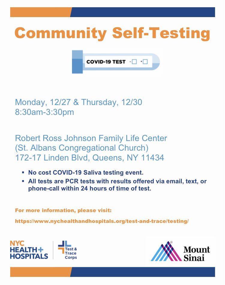 COVID-19 testing will be available next Monday and Thursday at Robert Ross Johnson Family Life Center from 8:30 AM to 3:30 PM. Please share! We continue to work to get additional testing sites in the district.
