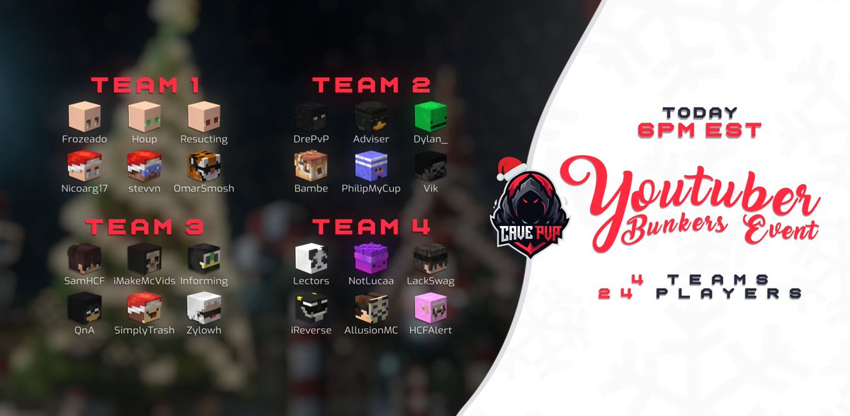 CavePvP's second YouTuber Bunkers Event will take place in 1 hour! 👑

Drop your predictions below who will win below 🔽🔽