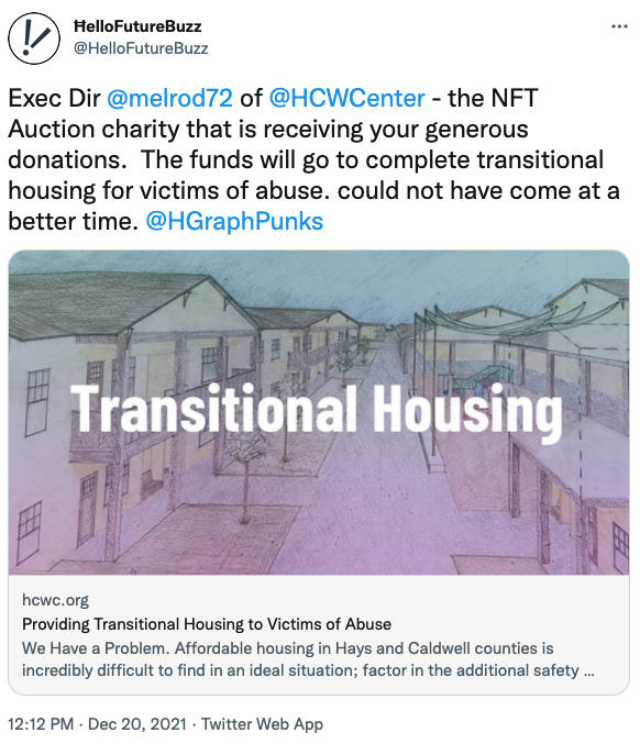 HGraphPunks's tweet photo. The @Hedera Community Holiday Party was a huge success!

324,960h (~$109,000) was sent to the Hays-Caldwell Women's Center charity wallet! The funds are going to complete transitional housing for victims of abuse.

Some donations still being collected, will be sent soon.
#WAGMI https://t.co/3hESvZjKWX