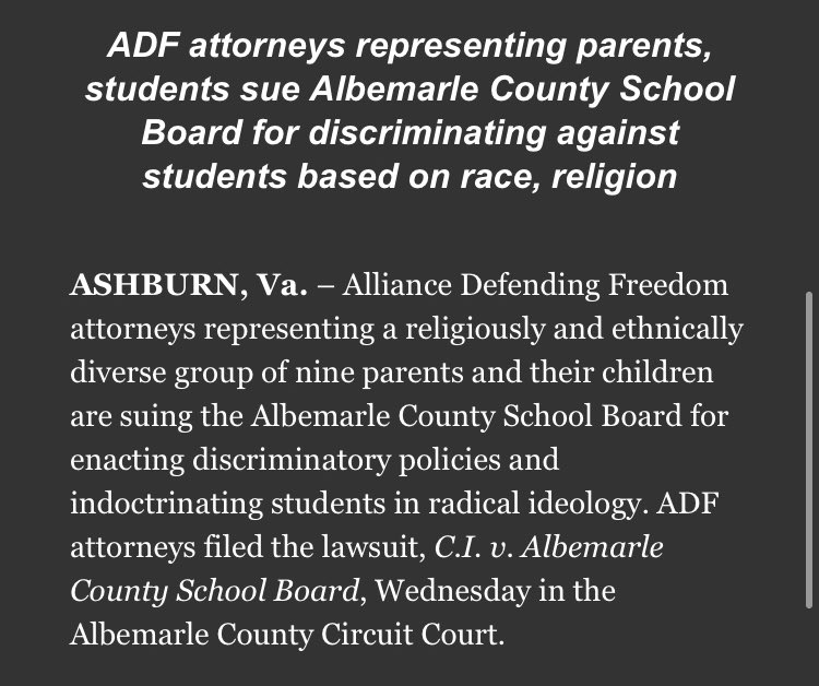 Knott_Katherine's tweet photo. .@k12albemarle is getting sued over its anti-racism policy. Reading through the 56-page filing now. https://t.co/zKnGXu18dJ