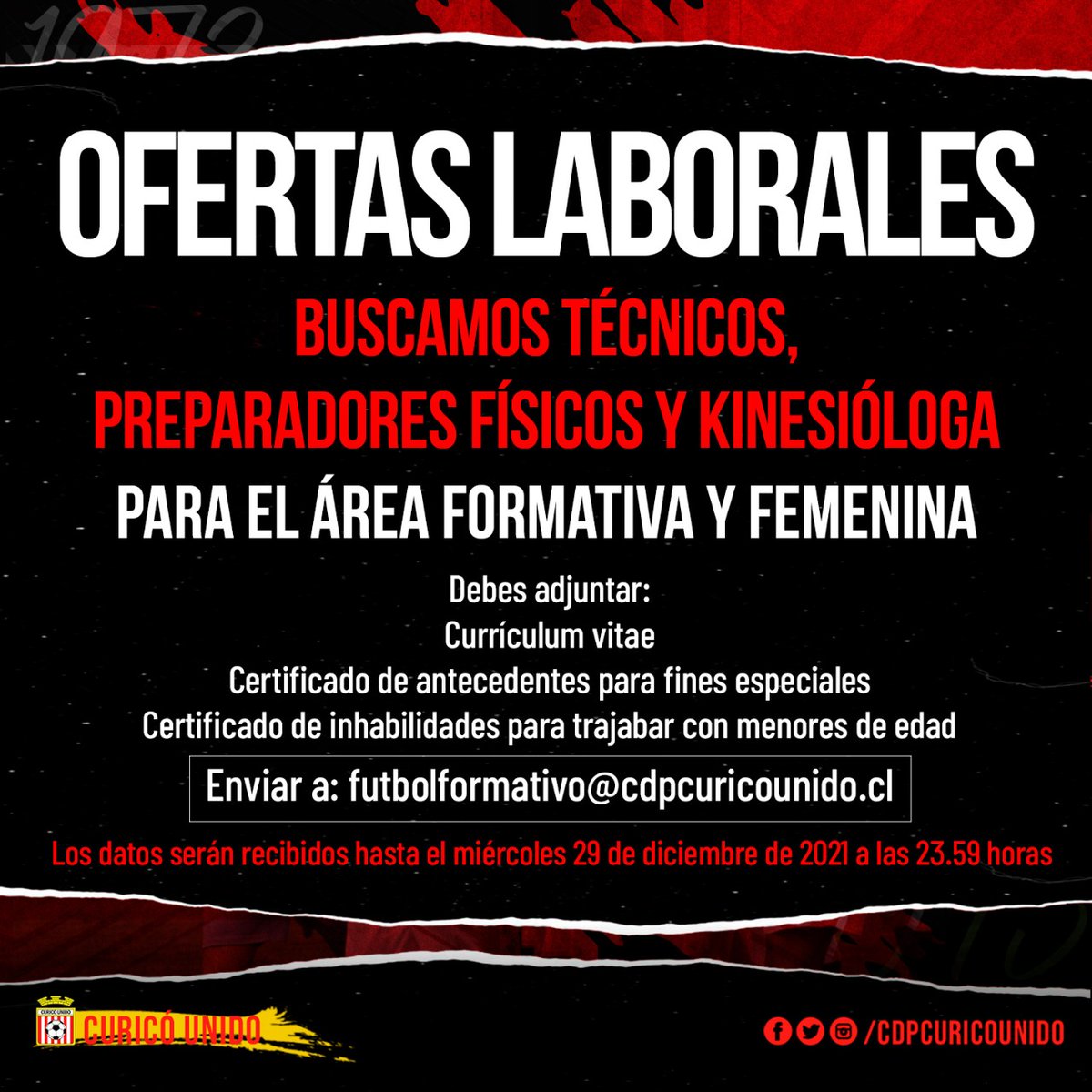 ¡Súmate al Curi! 🤍❤️

🔴 Atención. Información importante de ofertas laborales en nuestro club.

#ElClubDeSuGente ⚪🔴