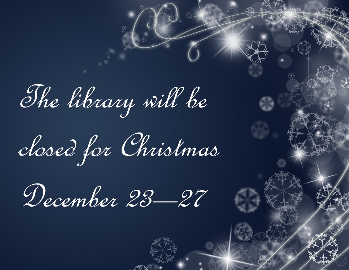 Starting tomorrow the library will be closed December 23 - 27 and will reopen on Tuesday the 28.

Merry Christmas everyone!🎄