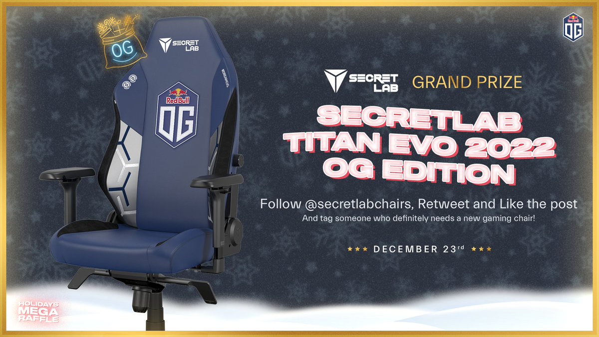OGesports's tweet image. 🌻 HOLIDAYS MEGA RAFFLE 🌻

It's time to unveil our final and grand prize : a brand new @secretlabchairs TITAN Evo OG Edition. 

🔸 Follow @secretlabchairs
🔹 RT &amp;amp; Like this post
🔸 Tag someone who definitely  needs the best chair on the market

Good luck to everybody!

#DreamOG