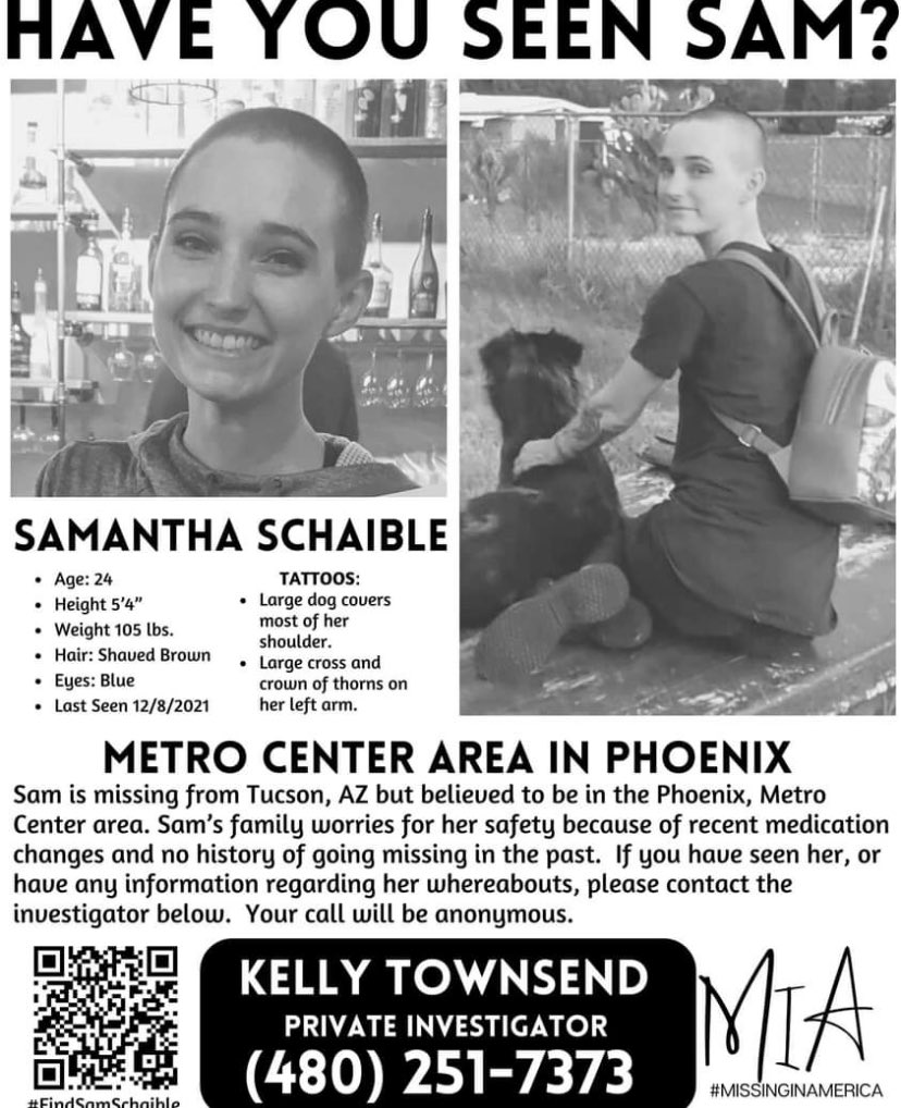 jlumfox10's tweet photo. SEARCHING FOR SAM: A Tucson mother has been making frequent trips to PHX to find her daughter 24yo Samantha Schaible. She’s been missing since 12/8/21. Her cell phone pinged in the area of 35th Ave &amp; Cactus. Her car has been located but with no signs of Sam. #fox10phoenix https://t.co/kSjaxkEC15