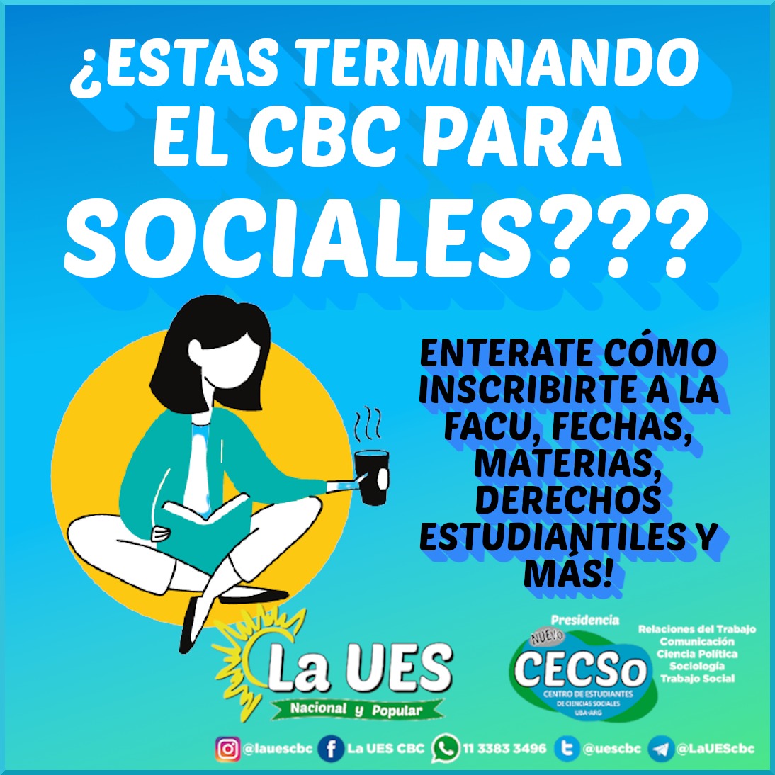 UesCbc's tweet photo. https://t.co/ewugQO77Ba
Si ya terminaste el cbc o estás por rendir los últimos finales, te dejamos toda la info que necesitás para inscribirte a la facu! Somos la UES , presidencia del centro de estudiantes de Sociales @LaUes_Sociales, cualquier duda escribinos!!
#fsoc #cbcuba https://t.co/EkPajmPGvk
