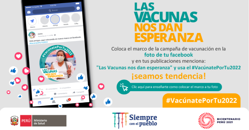 Minsa_Peru's tweet photo. Únete al hashtag #VacúnatePorTu2022 💪 y anima a tus amigos a vacunarse contra la #COVID19. 🤩 ¡Las vacunas nos dan esperanza! ✨💉

✅ Usa nuestro marco de fotos, solo dale clic aquí 👇