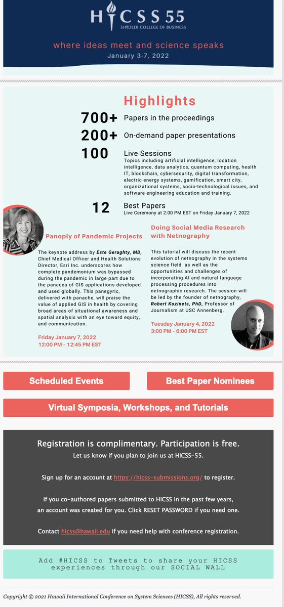Honored to have our netnography workshop featured on the HICSS poster this year for this 55 year old computer science conference (virtual this year). Registration is complimentary. Participation is free. Hope to see you there. <a href="/HICSSnews/">HICSS</a> #netnography