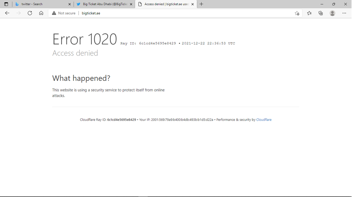 teece's tweet photo. @BigTicketAD @BigTicketAD not able to access https://t.co/y504yOgvre website to purchase tickets online. blocked by cloudflare. Please advise. https://t.co/FOOZvQCLn6