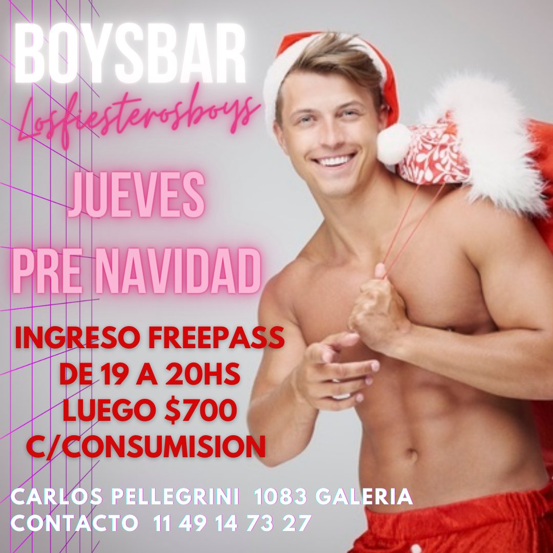Boysbarok's tweet photo. #Jueves se abre @Boysbarok para festejar con todos @Losfiesterosboy con #ACCESOFREE #Sincargo #freepass de 19 a 20hs luego $700 c/consumision así q te esperamos para festejar la #PreNocheBuena !!🎄🎉🎁🎅🍆🍑💦🔥 https://t.co/nndfxbw3Ul