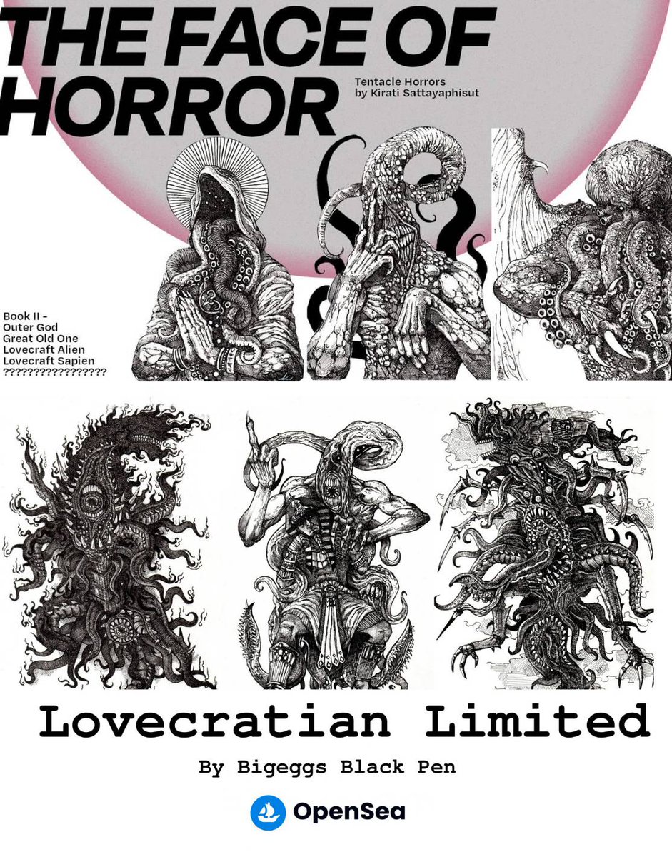 #คุยกันคุณนักวาด 
สัสดีครับ ผม Bigeggs ลึงค์อื่นๆตามได้ใน linktree
เป็นชาว Lovecraftian สร้าง NFT ด้วยการวาดเส้นปากกาบนกระดาษตีม cosmic horror ตามเเนวคิดของ H.P. Lovecraft

ตอนเเรกวาดเล่นขำๆ ขายได้ก็ดีขายไม่ได้ก็ถือได้วาดเล่น เเต่หลังจากที่ขายได้จำนวนหนึ่ง ตอนนี้คาดหวังละ 😂