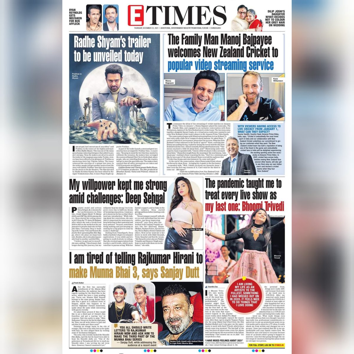 Are you missing ETimes' print edition? Log on to epaper.timesofindia.com to read.....
#radhe #prabhas #thefamilyman #manojbajpayee #newzealand #kanewilliamson #deepsehgal #bhumitrivedi #sanjaydutt #rajuhirani
instagram.com/p/CXz6sg6p_qe/…