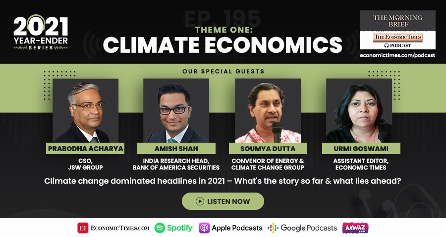 #UNReport to #Cop26, #climatechange dominated headlines in 2021. Prabodha Acharya, CSO, <a href="/TheJSWGroup/">JSW Group</a>, Amish Shah, India Research Head, <a href="/BankofAmerica/">Bank of America</a> Securities, environmental activist, <a href="/Soumyadutta_del/">Soumya Dutta</a>, <a href="/urmiagoswamiET/">urmi a goswami</a> &amp; @Bhavya_ET discuss.
🎧 Listen now:
ecoti.in/DUw4AZ31