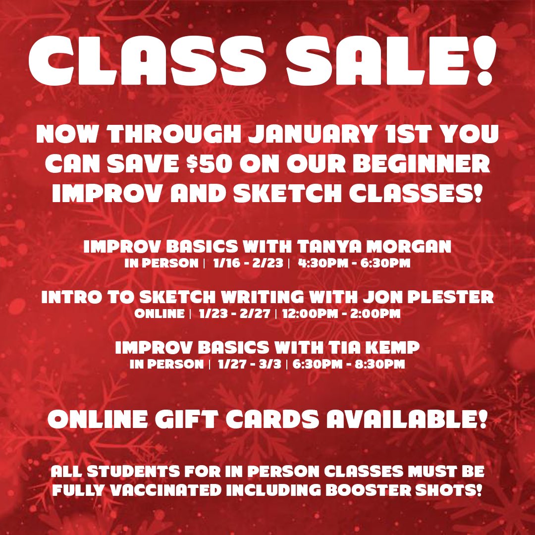 Now through #NewYearsDay you can save $50 on each of our beginner improv and sketch writing classes! Improve your listening skills, build confidence in front of groups, meet new people, and have fun! Start 2022 investing in yourself or someone you love. XroadsComedy.com/classes