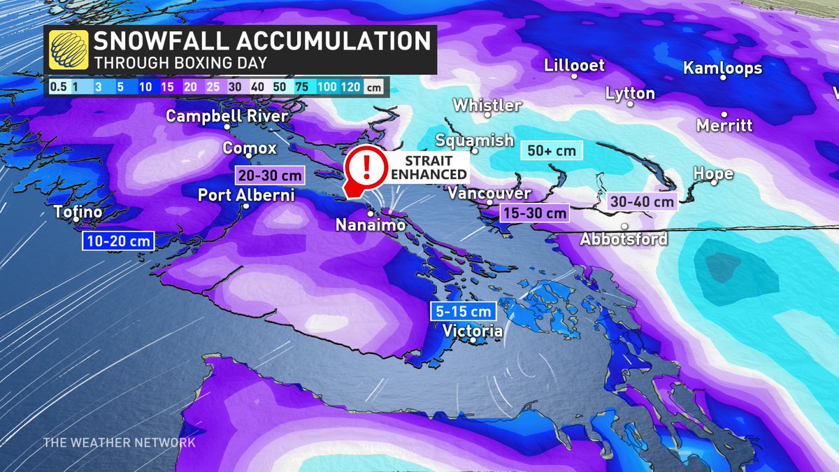 50ShadesofVan's tweet image. Some folks might want to be sitting down for this one...Snowfall forecast through Boxing Day for the South Coast. #BCCold #BCSnow