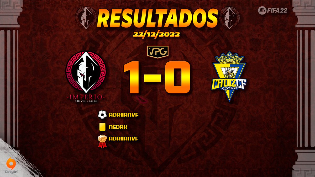 IMPERIO_nd's tweet image. ▶️ RESULTADOS

🏆 | @VPG_Spain J11
🆚 | #Cadiz_CFESports ✅ 1 - 0 
⚽️ - @AViiDaL23 
🎖️ - @AViiDaL23