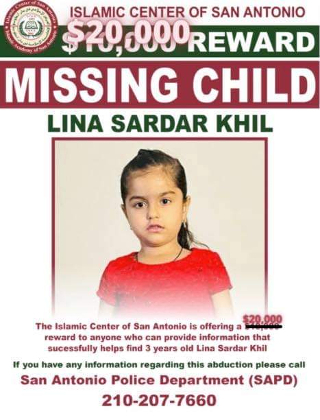 ZackBriggsNews's tweet photo. Islamic Center of San Antonio ups the reward to $20,000 for any information leading up to the discovery of Lina Sardar Khil. @KENS5 https://t.co/L6Of14lm6K