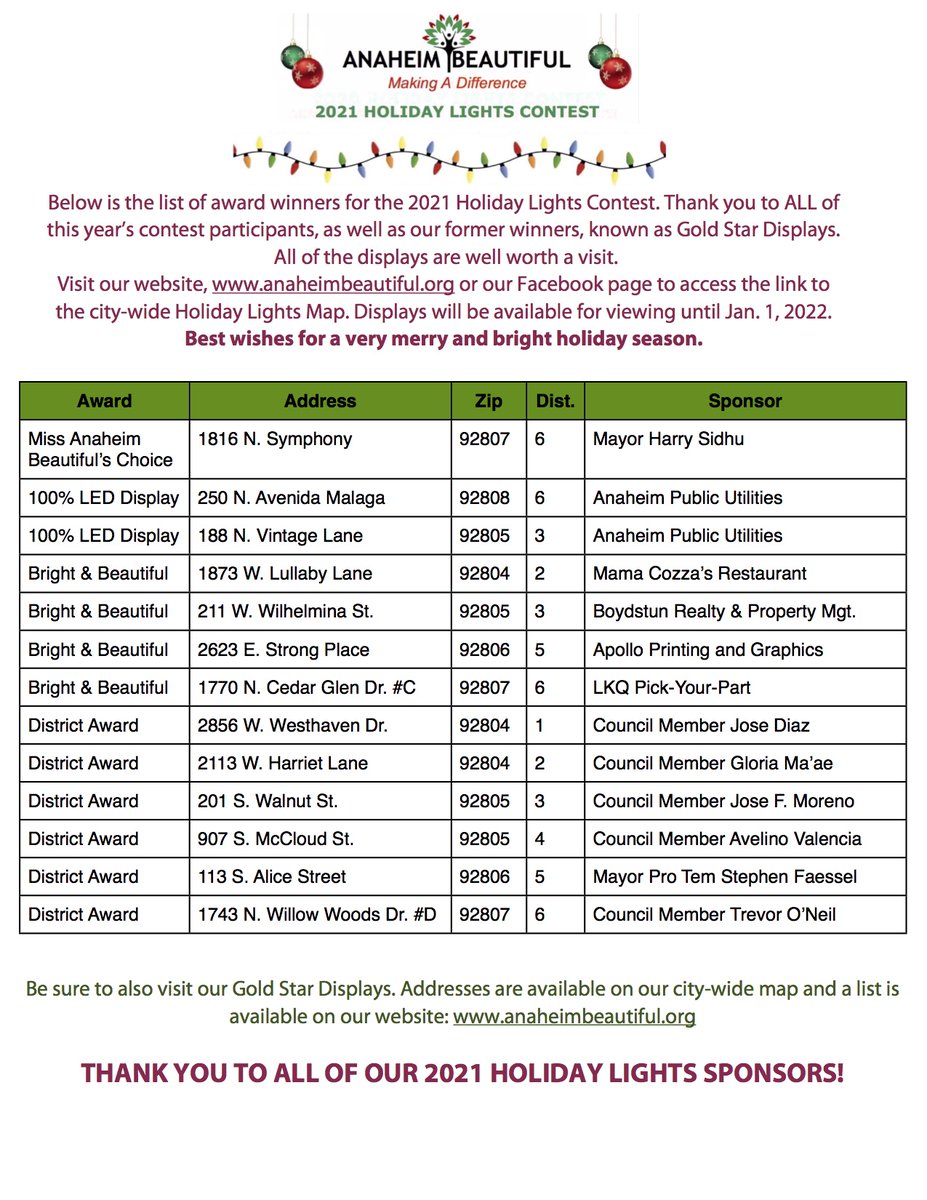 AnaheimBeautifu's tweet photo. Congratulations to our 2021 Holiday Lights Awardees. Visit our citywide holiday lights map to find these and other great displays. 
https://t.co/USefaz0wfh
For more details on the contest, visit our website at: https://t.co/w7LfI9cGTz https://t.co/nDwXYyezKB