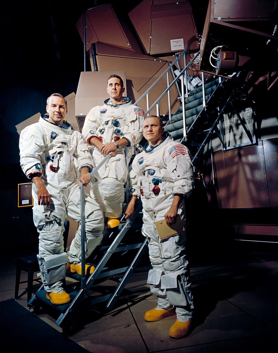 Apollo 8 was crewed by mission commander Frank Borman, lunar module pilot Bill Anders, and command module pilot Jim Lovell. Borman and Lovell previously flew together on the record-setting two week Gemini VII mission, and Apollo 8 was Anders' first spaceflight.