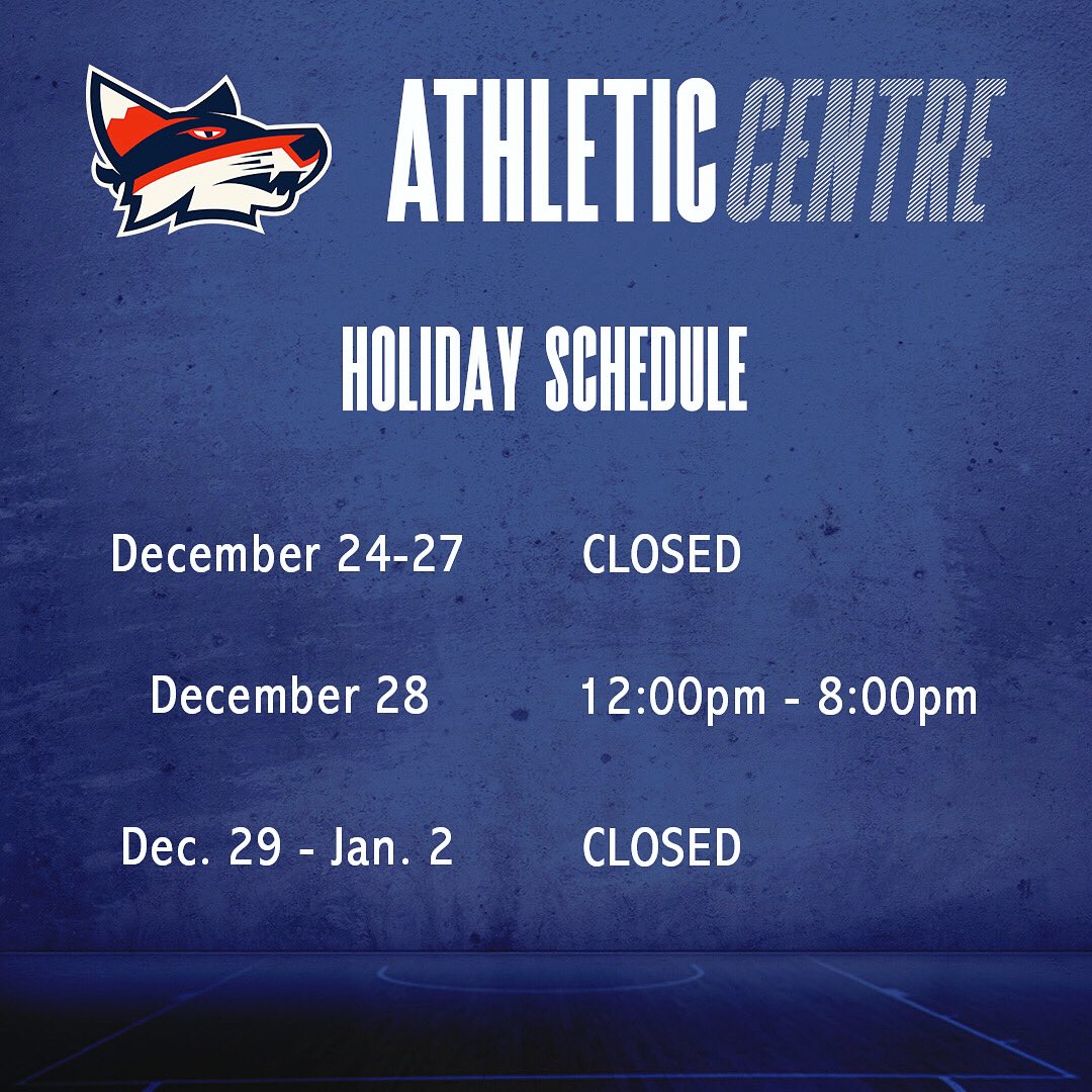 Bandits Athletic Centre Dec. 2021-Jan. 2022 Holiday Hours 

Happy Holidays from the BAC and stay safe this winter break!