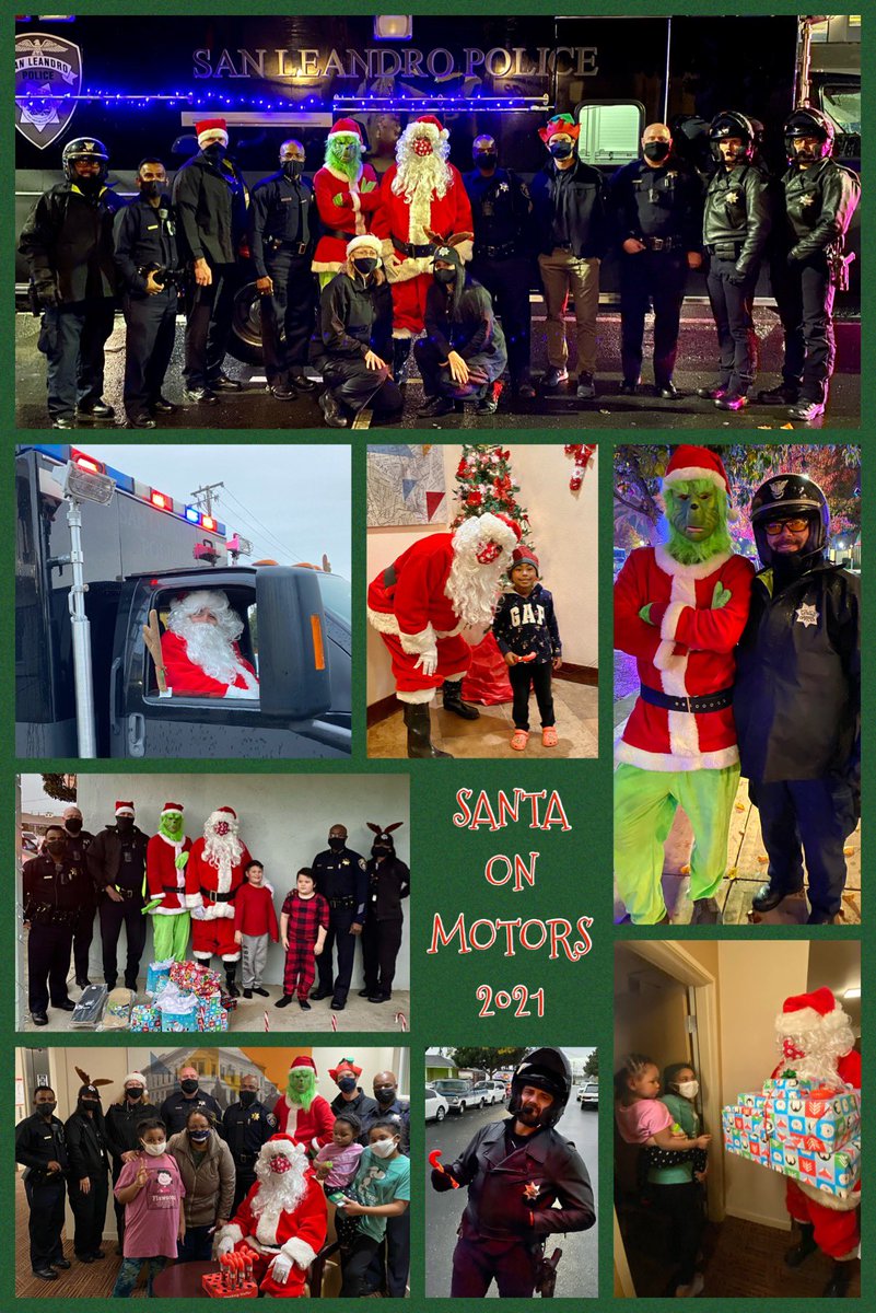SLPD didn’t let a little rain stop us last night from spreading holiday cheer.  
Santa, The Grinch and all of the SLPD Elf’s helped deliver presents to some great families in San Leandro.  
#SantaOnMotors2021 
#slpdcares
#proud2serve
#sanleandro
#community