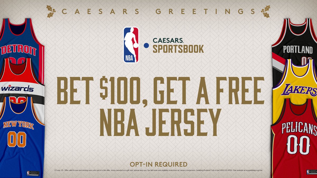 This holiday season, Caesars Sportsbook (@CaesarsSports) is rewarding you with a free, authentic NBA jersey when you place a $100 NBA wager by Jan 19. Opt-In/Details: wh.bet/3DaSM2U Sign up: wh.bet/3EgCfeU