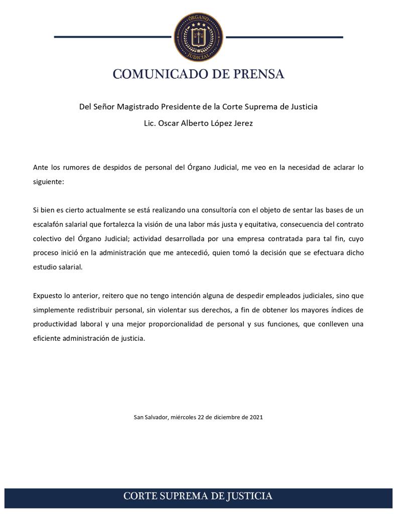 Ante diversas informaciones difundidas por sindicatos del Órgano Judicial, hago la siguiente aclaración por medio de este comunicado.