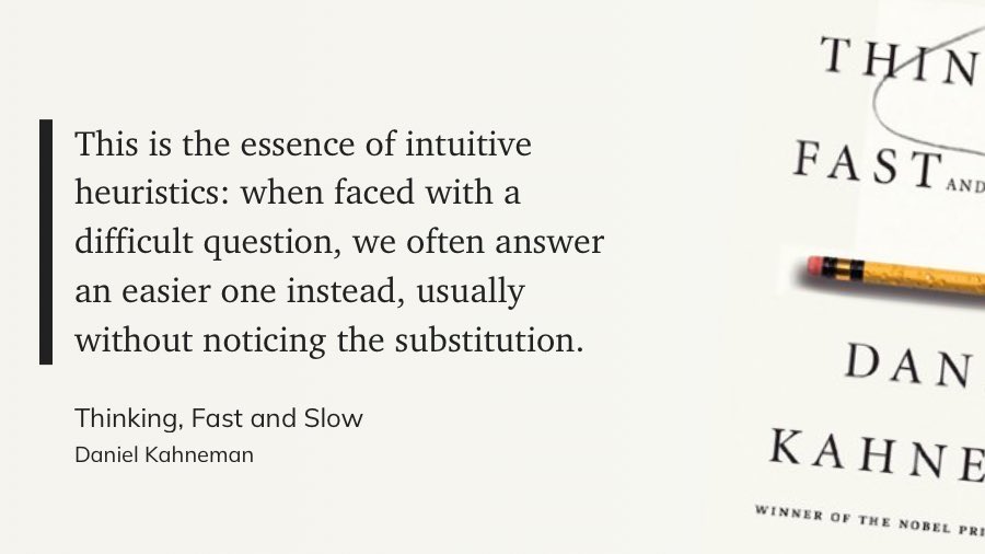 Schmidjon's tweet image. "This is the essence of intuitive heuristics: when faced with a difficult question, we often answer an easier one instead, usually without noticing the substitution."

- Daniel Kahneman, Thinking, Fast and Slow