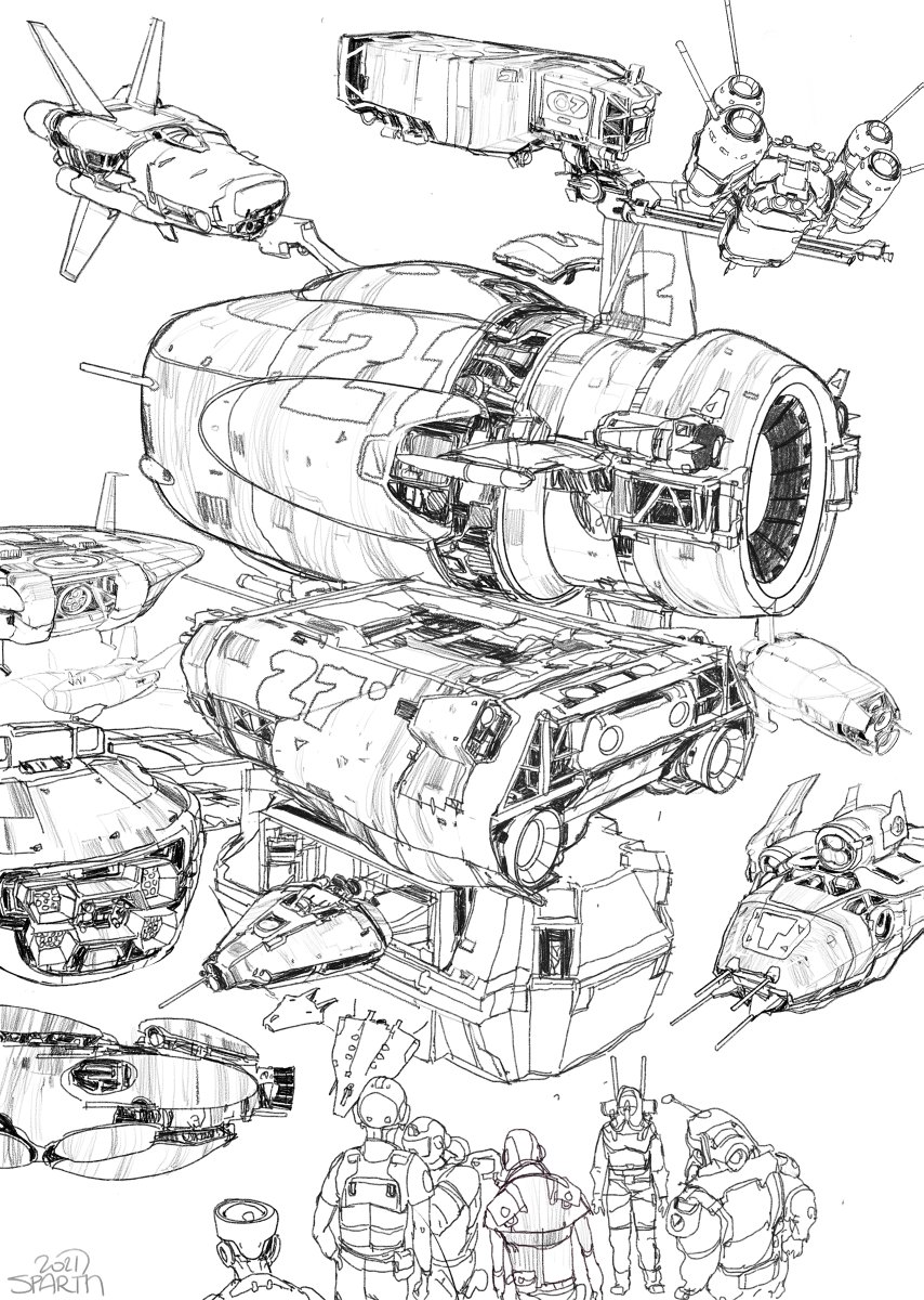 Many spaceships, more #procreate goodness. I think I finally settled on a great pencil brush. did quite some tests on this sheet with the Narinder and procreate pencil brushes. But my favorite one is the HB pencil for final details and extra subtleties. 