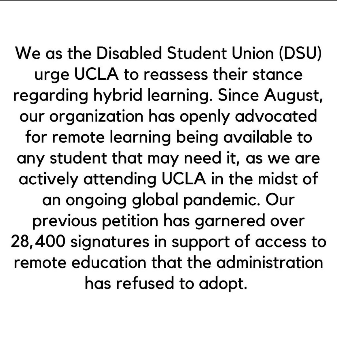 dsuucla's tweet image. If you think @UCLA should implement hybrid learning instead of swinging wildly between remote &amp;amp; in-person, sign the petition and retweet.
forms.gle/eVyxhtCcuT6VtS…

Link to our full statement:
tinyurl.com/dsustatementwi…
