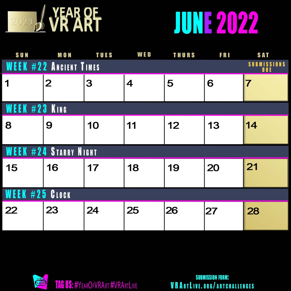 #YearOfVRArt Theme Calendar.
Make sure to signup if you want to have your submissions counted to earn an award.
vrartlive.org/artchallenges