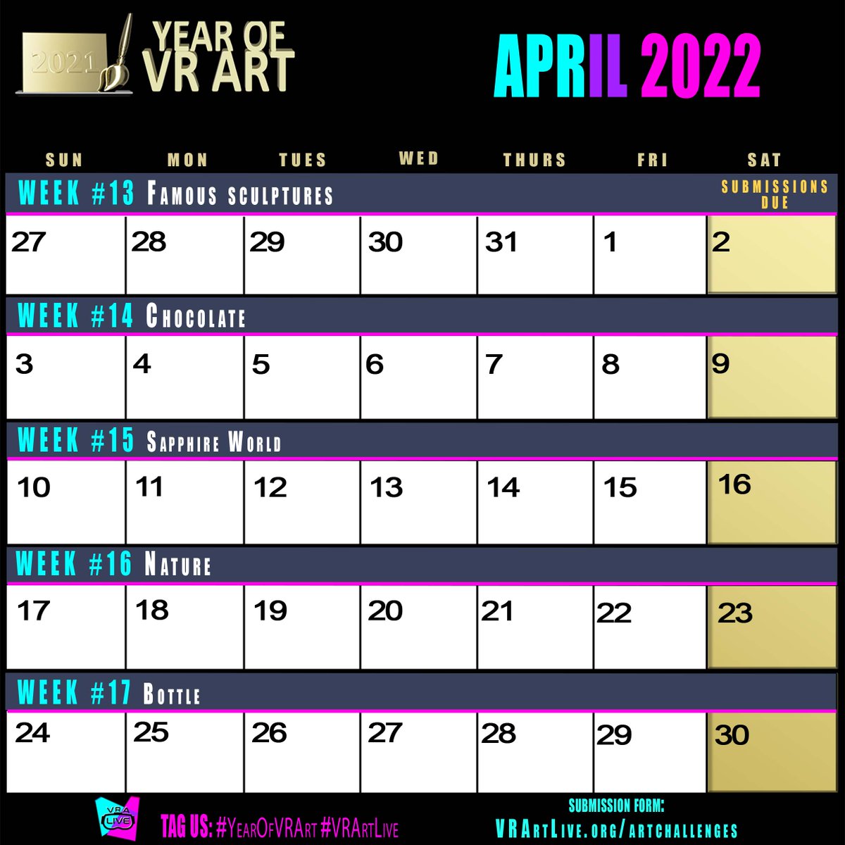 #YearOfVRArt Theme Calendar.
Make sure to signup if you want to have your submissions counted to earn an award.
vrartlive.org/artchallenges