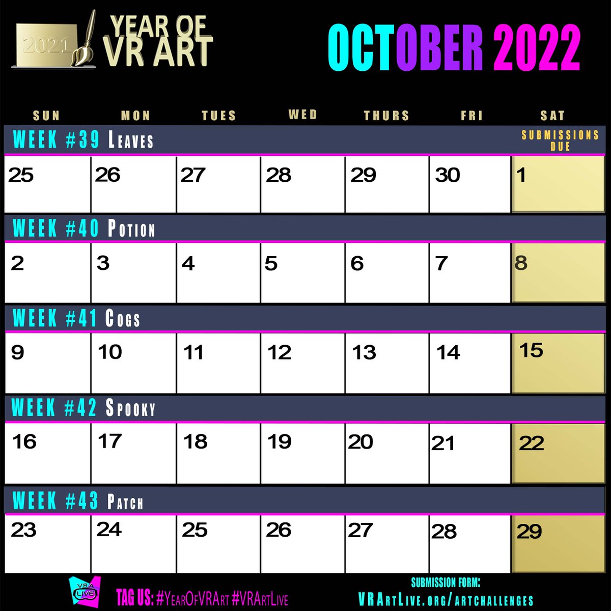 #YearOfVRArt Theme Calendar.
Make sure to signup if you want to have your submissions counted to earn an award.
vrartlive.org/artchallenges