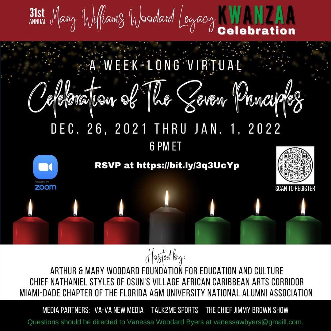 MDFAMUNAA's tweet photo. It’s beginning to look a lot like #Kwanzaa! This year, we’re virtual and observing each day of the week. Register for the day or days you can attend. It will be educational and uplifting. Harambee!
Click to register - https://t.co/gOk85uJ2I8
#kwanzaamiami #kwanzaa #7Prncinples https://t.co/0X9ydDei8d