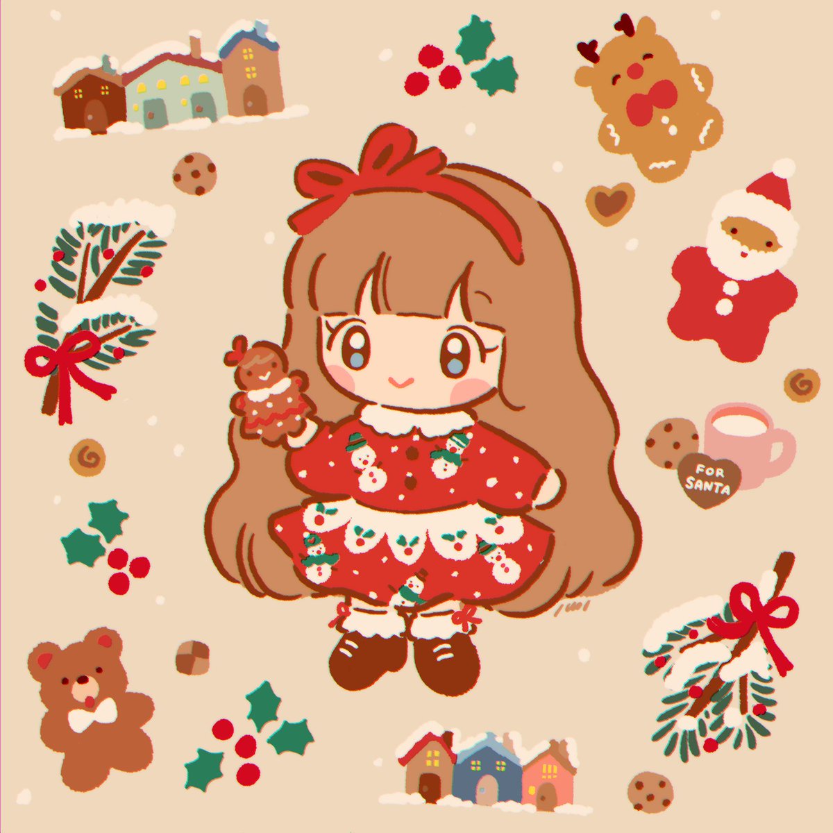 1girl long hair teddy bear solo dress christmas bangs  illustration images