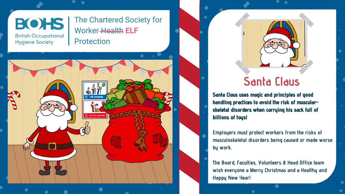 BOHSworld's tweet photo. Santa Claus uses magic & principles of good handling practices to avoid the risk of muscular-skeletal disorders when carrying his sack full of billions of toys!
See more information here: https://t.co/6iHvSLD6fK
#WorkerElfProtection #12DaysOfChristmas https://t.co/yEtLRdZeoY
